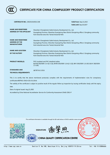 LA CHINE Shenzhen Chengtiantai Cable Industry Development Co.,Ltd certifications