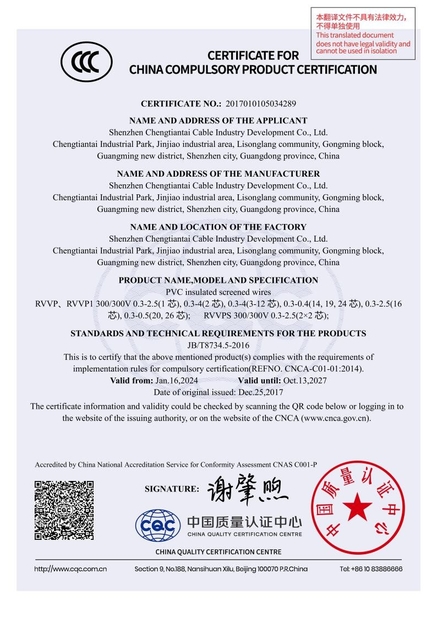 LA CHINE Shenzhen Chengtiantai Cable Industry Development Co.,Ltd certifications