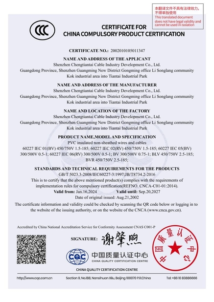 LA CHINE Shenzhen Chengtiantai Cable Industry Development Co.,Ltd certifications