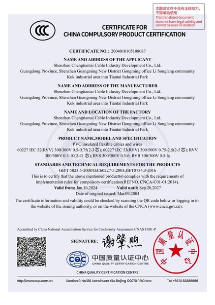 LA CHINE Shenzhen Chengtiantai Cable Industry Development Co.,Ltd certifications