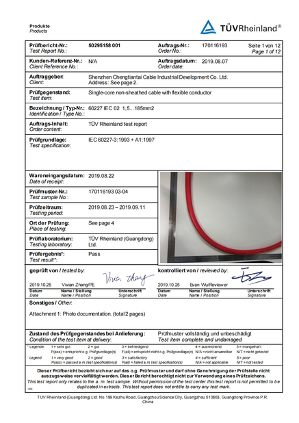 LA CHINE Shenzhen Chengtiantai Cable Industry Development Co.,Ltd certifications