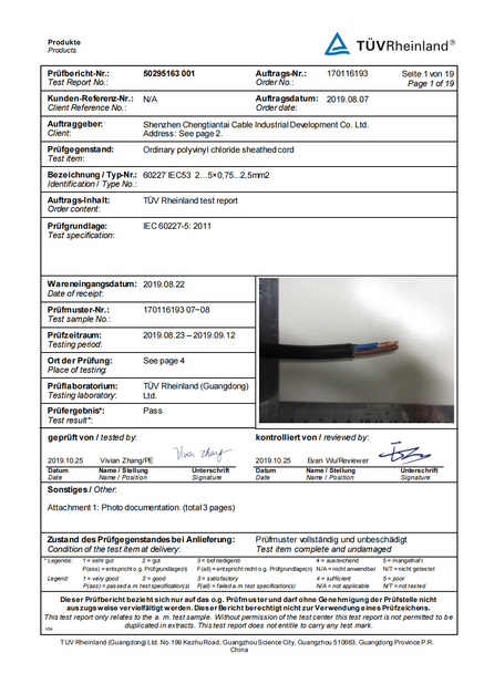 LA CHINE Shenzhen Chengtiantai Cable Industry Development Co.,Ltd certifications