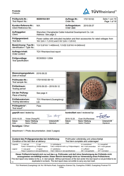 LA CHINE Shenzhen Chengtiantai Cable Industry Development Co.,Ltd certifications