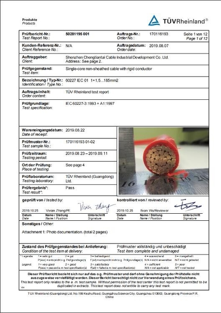 LA CHINE Shenzhen Chengtiantai Cable Industry Development Co.,Ltd certifications