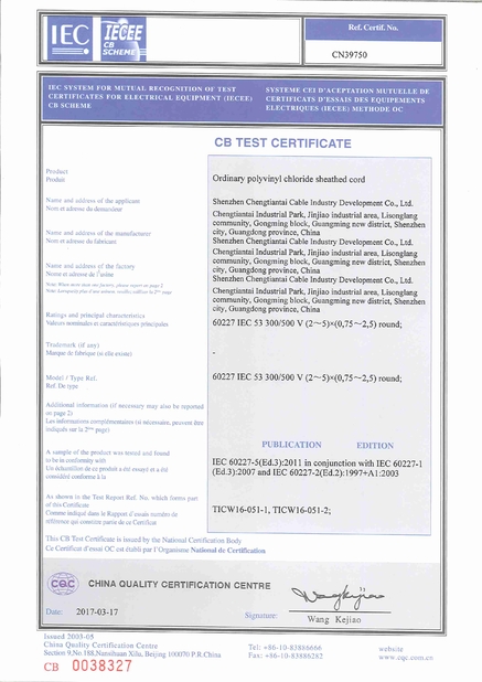 LA CHINE Shenzhen Chengtiantai Cable Industry Development Co.,Ltd certifications