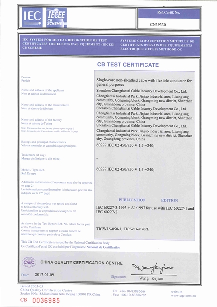 LA CHINE Shenzhen Chengtiantai Cable Industry Development Co.,Ltd certifications